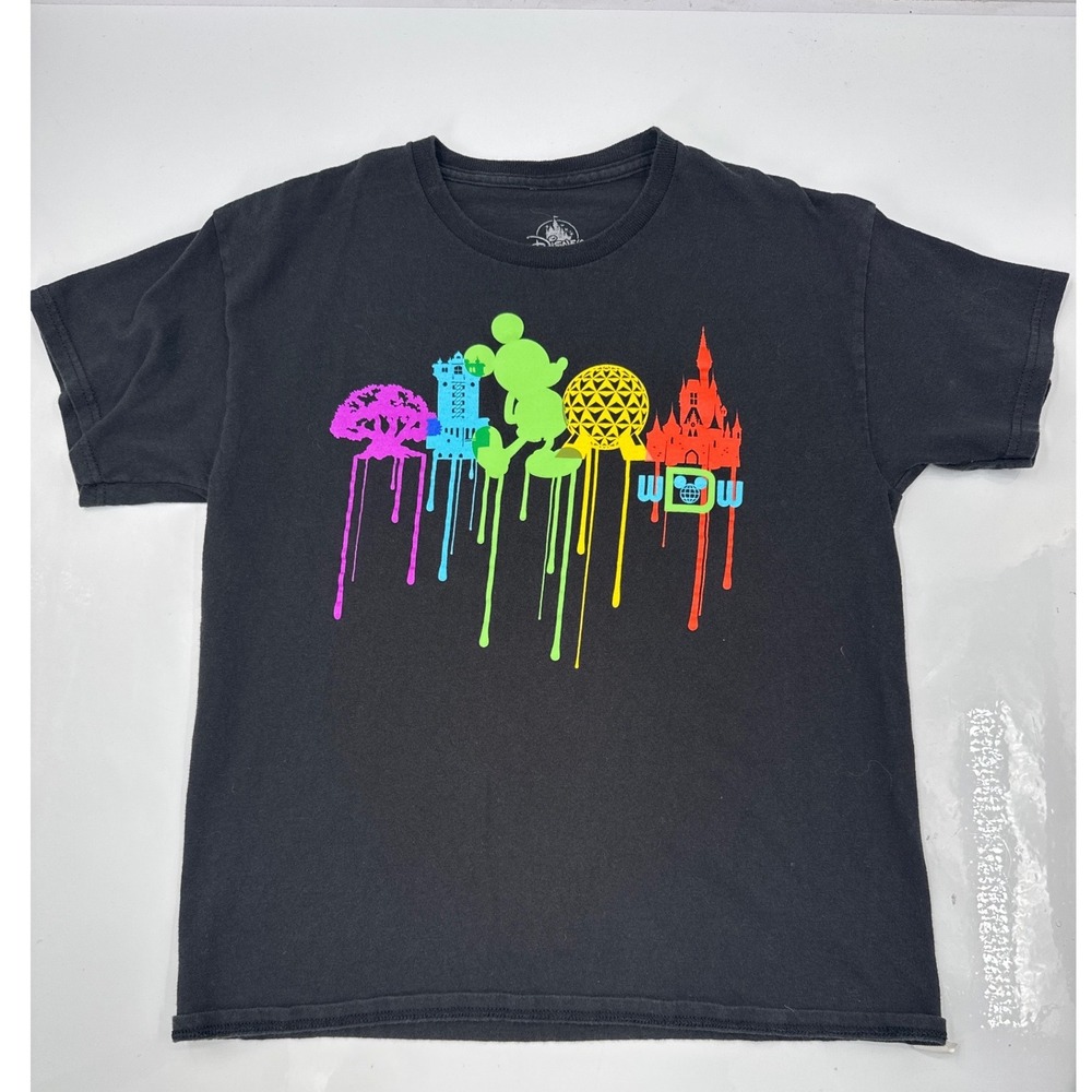 Disney Parks WDW Neon Drip Graphic T-Shirt Kids Large Black Mickey Mouse Castle